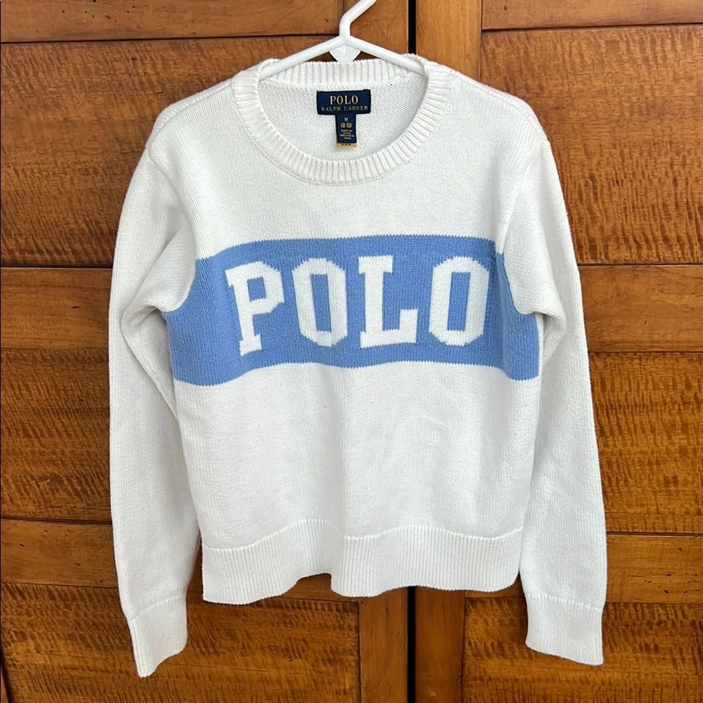 🏇M (8-10) Unisex White & Blue Logo Sweater by Polo by Ralph Lauren / Blue Label